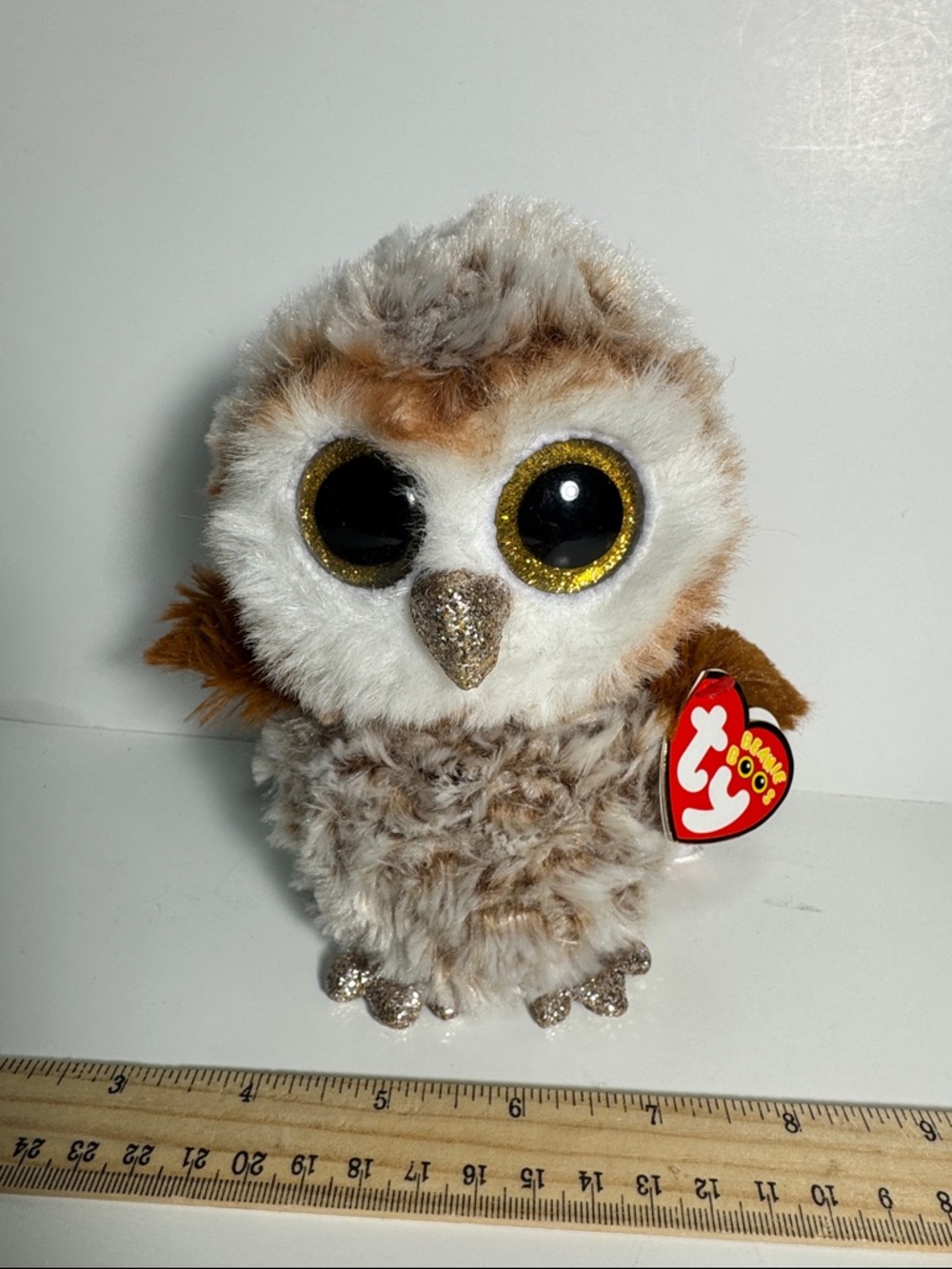 NWT Ty Brown White Owl Beanie Boo Plush with Gold Sparkle Eyes fabulous! ❤️